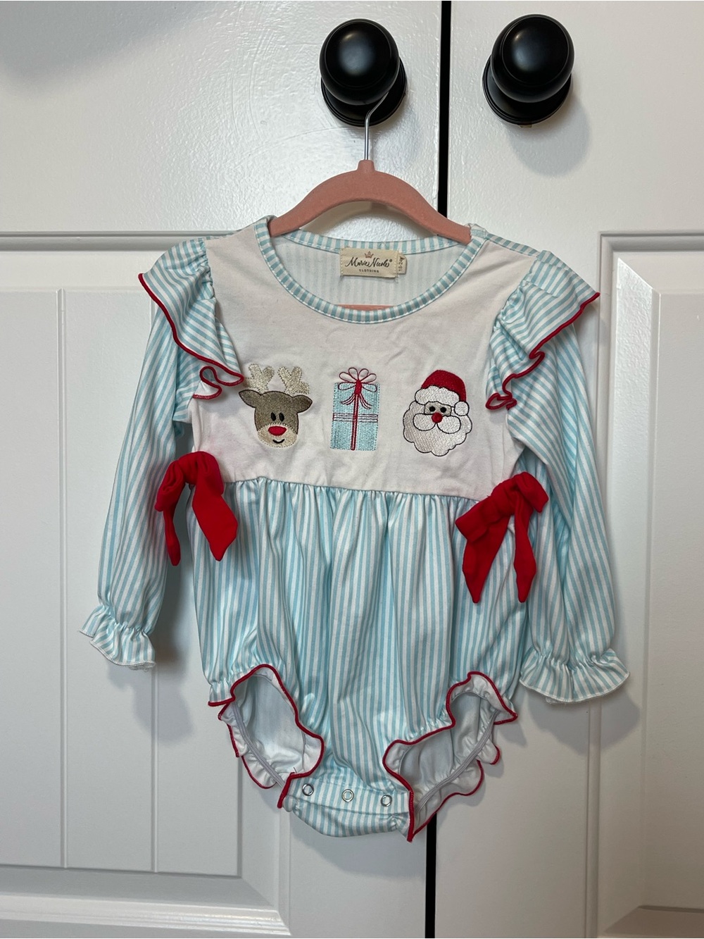 Marie Nicole Baby Girls' Blue Stripe Holiday One-Piece with Red Bows